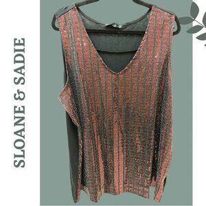 Sloane & Sadie Black and Red Sequin Sleeveless Women's Knit Top V Neck 3X